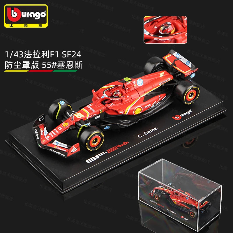 Bburago 1:43 2024 F1 Ferrari McLaren Model with Helmet Alloy Miniature Diecast Formula Racing Car Toy MCL38 W15 SF24 RB20 A524